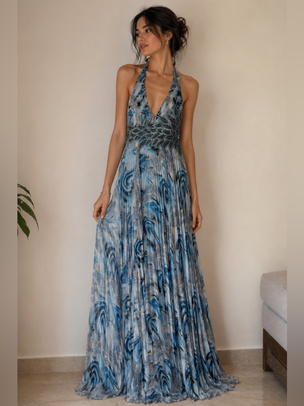 Blush prom by ALEXIA Blue Marble Halter Maxi Dress with Smocked Waist